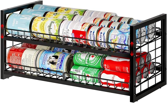 JKsmart 2-Tier Stackable Can Organizer, Extra-Long Can Holders for Pantry Storage, Adjustable Can Dispenser Holds Up to 64 Cans, 12mm Metal Frame, Super Sturdy Racks for Various Canned Food Soda by JKsmart