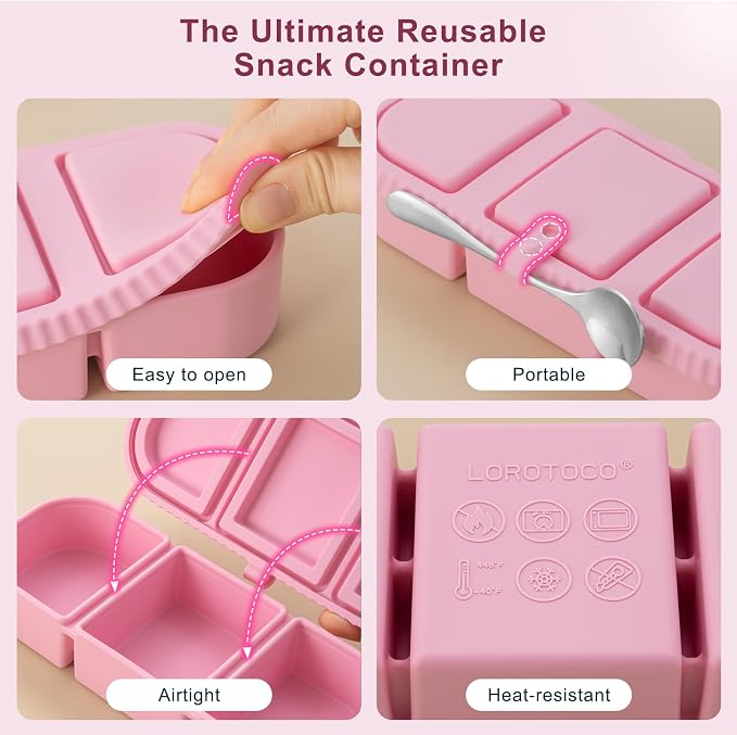 2Pack Silicone Reusable Snack Containers with Lids | Small 3-Compartment Snackle Box |Perfect for Kids Lunch, Sauce, Food Storage at School, Work, Travel - Image 5