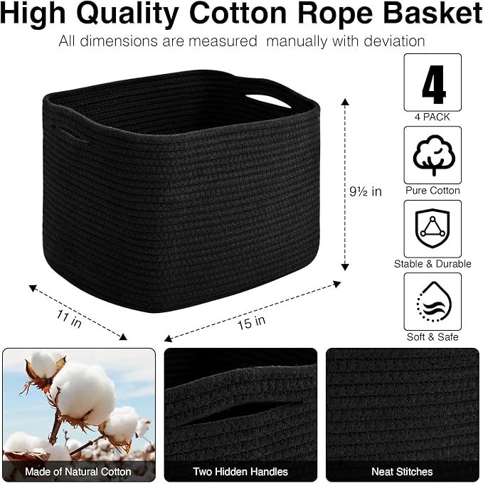 ICERZCZ Storage Baskets for Organizing & Shelves, Woven Cotton Rope Organization Bins for Dog Toys, Clothes, Books, Nursery Organizer, 15"Lx11''Wx9.5''H, (4 Packs) Black - Image 3
