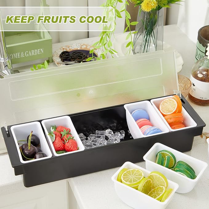 2 Pcs Bar Fruit Caddy with Lid Salad Condiment Server Black Plastic Garnish Tray Ice Chilled Condiment Caddy for Home Restaurant Bartending Serving Veggie Taco Salad Party Supplies(6 Compartments) - Image 4
