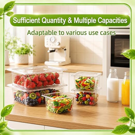 Sliner 10 Pack Plastic Clear Food Pans with Lids, Stackable and Freezer Safe Commercial Food Storage Containers for Fridge Salad Polycarbonate(4" 1/2+1/6 Set) - Image 4