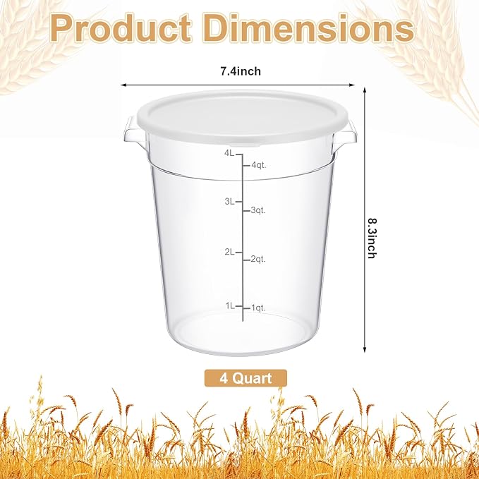 4 Pcs 4 Qt Food Storage Container Bucket with Lids Clear Proofing Containers for Dough Rise Bread with Scale Handle Round Flour Commercial Storage Bucket for Home Restaurant Food - Image 2