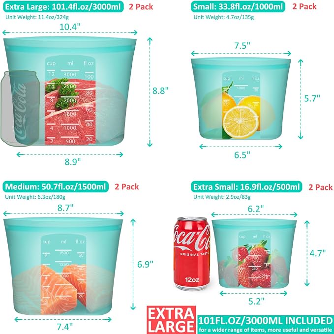 Reusable Storage Bag, 8 Pack 100% Silicone Food Storage Bags Stand Up Zip Lock Bags for Food Container, Freezer Microwave Oven Dishwasher Safe, 2 X-Large(0.8 Gallon) 2 Medium 2 Small 2 X-Small, Aqua - Image 3