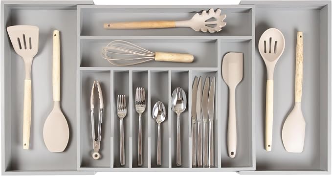 Silverware & Utensil Drawer Organizer, 18-33 in, Gray Bamboo | Cutlery, flatware, food-safe contract grade, kitchen drawer fit by KitchenEdge