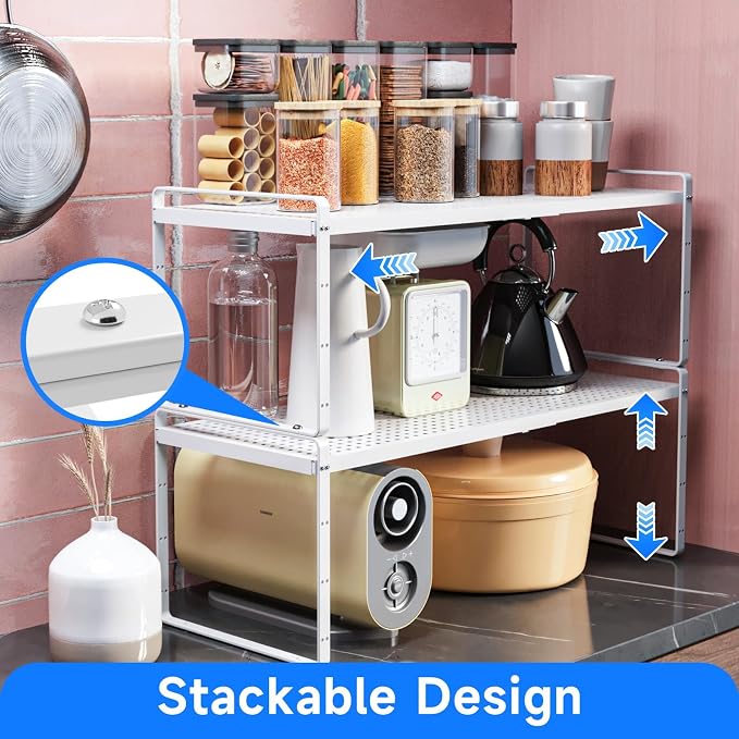 Expandable Kitchen Shelf Organizers, Kitchen Cabinet Organizer Stand Rack Organization for Countertop Cupborad Pantry, White 2 Pack - Image 5