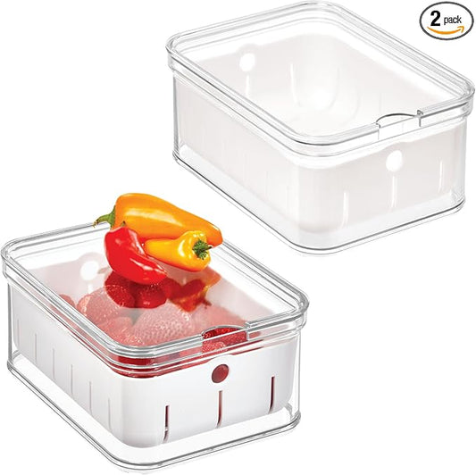 iDesign Small Fridge Berry Bin with Removable Colander Basket and Lid - Set of 2 - Clear/White by iDesign