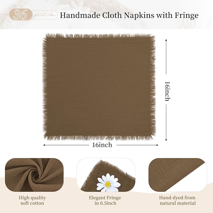 36 Pack Brown Napkins Cotton Linen Napkins 16 x 16 Inch Brown Cloth Napkins Handmade with Fringe Soft Napkins Cloth Washable Rustic Dinner Napkins Cloth for Wedding Party Dinner Table - Image 2