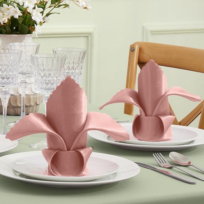 VACVELT 100 Pack Rose Gold Scalloped Satin Napkins 17x17 Inch Wedding | Scalloped Floral Edges With Silky Smooth Finish, Seamless Design, Machine Washable Wrinkle And Fade Resistant - Image 2