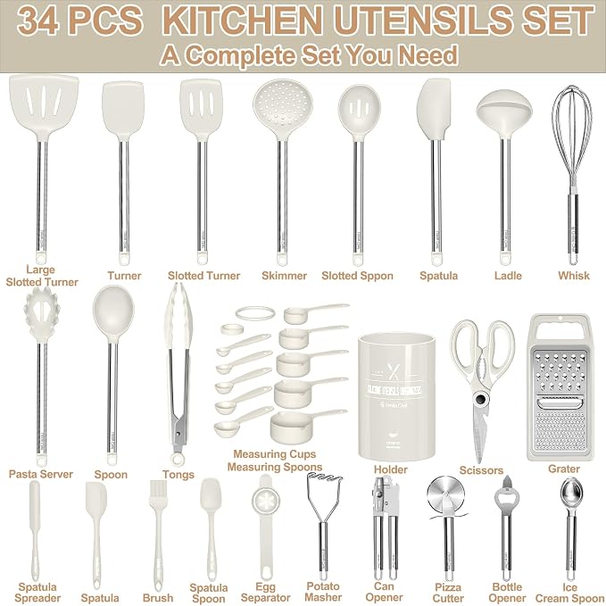 Kitchen Utensils Set-Umite Chef 34 Pcs Silicone Cooking Utensils Set for Nonstick Cookware-Silicone Spatulas Set, Stainless Steel Handle-White Kitchen Gadgets Tools, Pots and Pans Accessories - Image 2