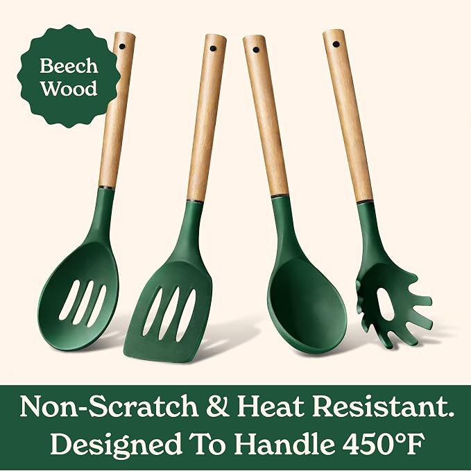 Country Kitchen Non Stick Silicone Utensil Set with Rounded Wood Handles for Cooking and Baking, 8 Piece Set, Green - Image 5