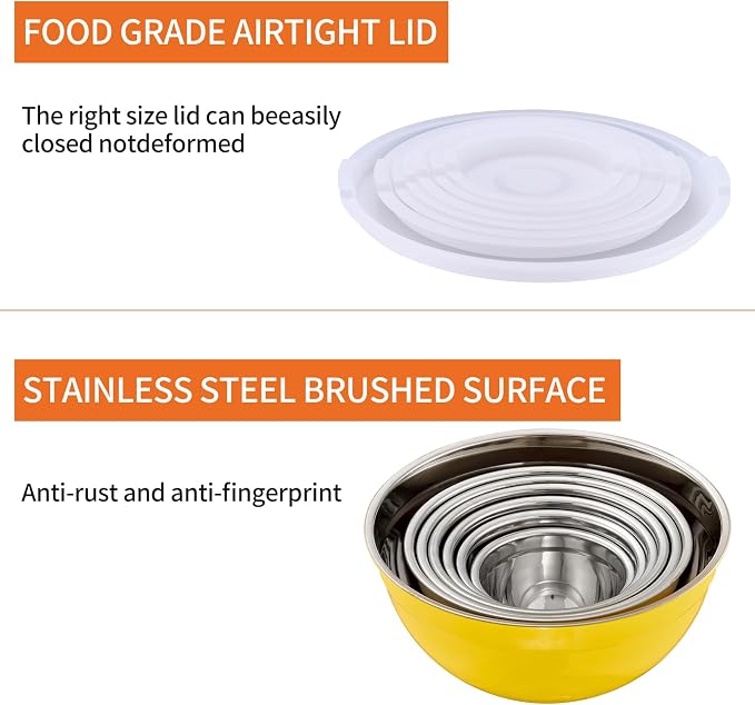 Yellow Mixing Bowls With Airtight Lids,Stainless Steel Bowl,Salad Bowls 7 Piece Colorful Nesting Bowl Yellow Kitchen Accessories,Size 7,3.6,2.7,2.1,1.5,1.1,0.8QT Stackable Design - Image 4