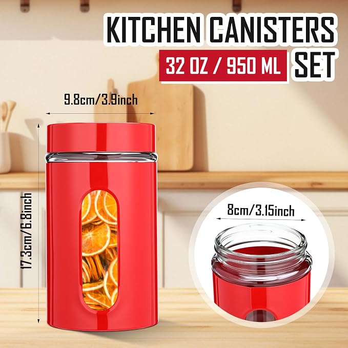 Patelai 6 Pack Kitchen Canisters Set 20 oz Airtight Stainless Steel Canister Food Storage Container with Window Glass, Coffee Sugar Candy Jars Tea Organizer for Flour Cookies Spice (Red,32 oz) - Image 2