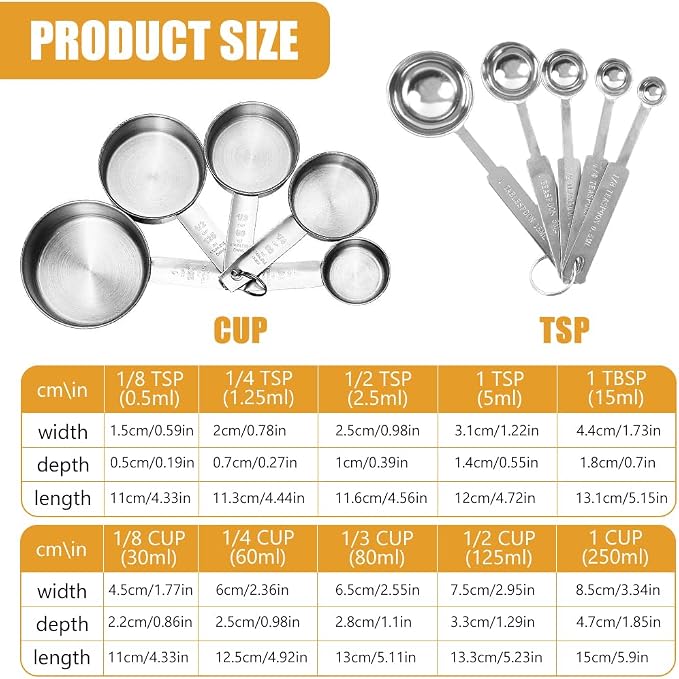 Supvox® 10Pcs Measuring Cups and Spoons Set - Stainless Steel Measuring Cup with Scales of 2 Units, Dry & Wet Food Measuring Cup for Cooking and Baking, Ideal for Chefs & Home Cooks (Silver) - Image 2