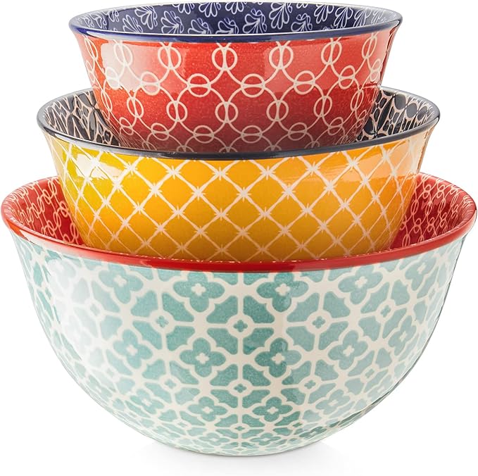 DOWAN Mixing Bowls, Ceramic Mixing Bowls for Kitchen, Colorful Vibrant Nesting Bowls for Cooking, Baking, Prepping, Serving, Salad, Housewarming Gift, Microwave Dishwasher Safe, 3.7/2/1 Qt, Set of 3 by DOWAN