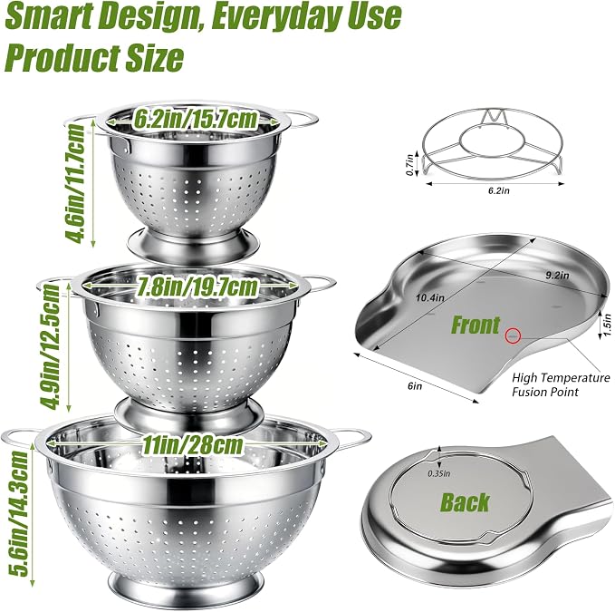 Palksky Stainless Steel Colander Set with Handles & Self-Draining Base, 3 Sizes (7”, 9”, 11”), Heavy Duty Pasta Strainer, Rice & Vegetable Strainer, Countertop Draining System - Image 5