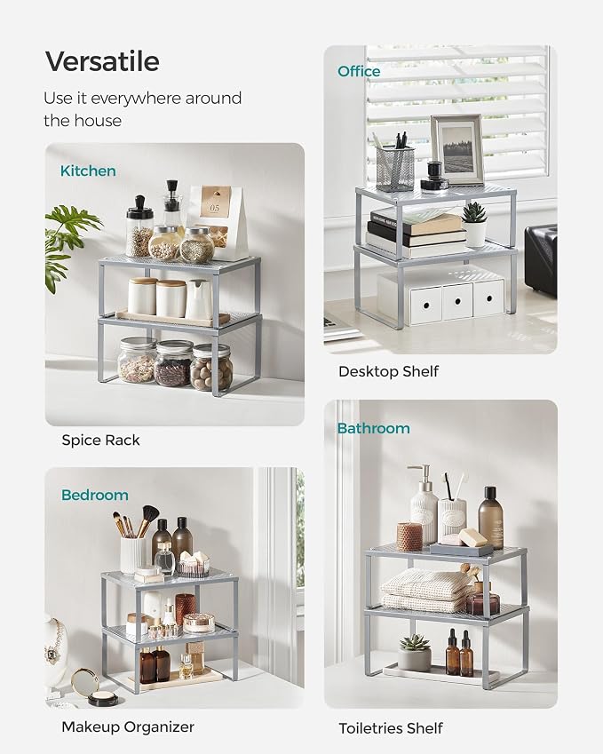 SONGMICS Spice Racks, Set of 2 Metal Cabinet Shelf Organizers, Countertop Organizers, Shelf Risers, Stackable, Expandable, Silver UKCS01SV - Image 6