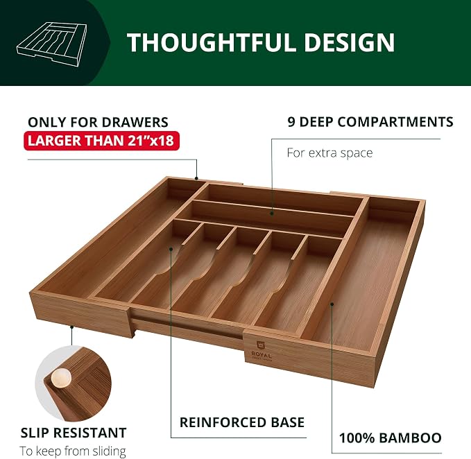 ROYAL CRAFT WOOD Luxury Bamboo Kitchen Drawer Organizer - Silverware Organizer - Utensil Holder and Cutlery Tray with Grooved Drawer Dividers for Flatware and Kitchen Utensils (9 Slot, Brown Bamboo) - Image 4