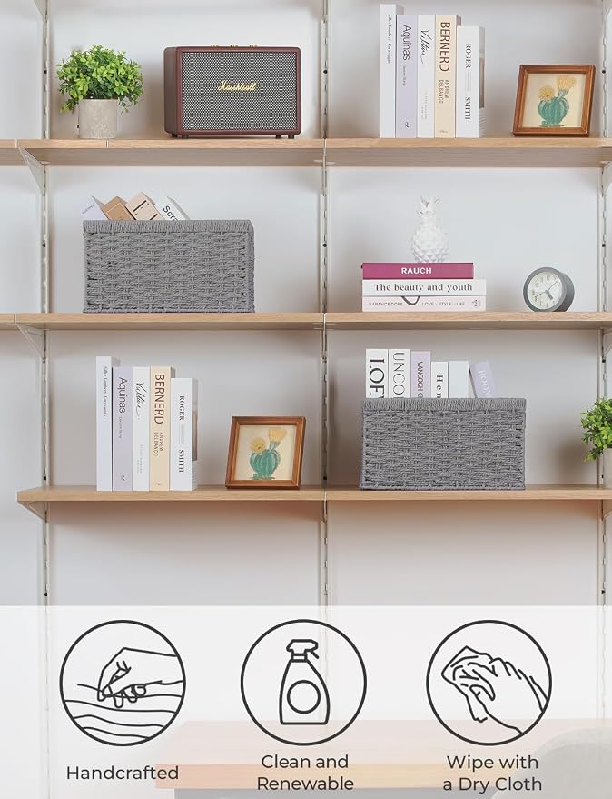 StorageWorks Wicker Storage Baskets, Gray Baskets for Storage, 2-Pack | Paper Rope Wicker Storage Baskets for Shelves, Rectangular Wicker Baskets with Handles, Handwoven Grey Baskets, Woven Baskets - Image 4