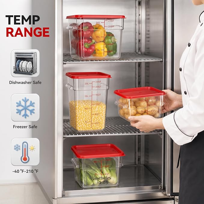 4 Pack Food Storage Containers with Red Lids, 22.0 Qt - Square, Clear, Polycarbonate, for Restaurant Commercial Kitchen and Home party - Image 5
