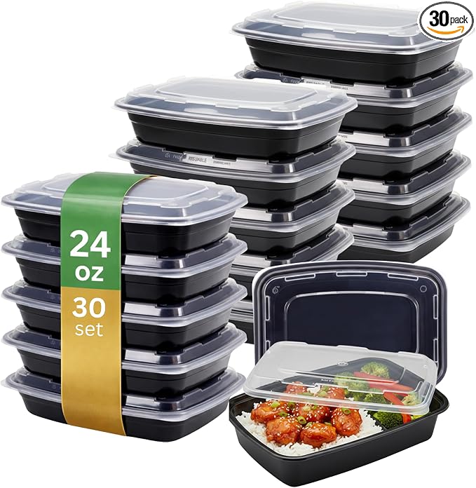 Meal Prep Containers [30 Pack] Rectangular Food Storage Containers with Lids, Bento Box, BPA Free, Stackable, Microwave/Dishwasher/Freezer Safe To Go Food Containers for Meal Prep (24 oz) by ProTakeOut