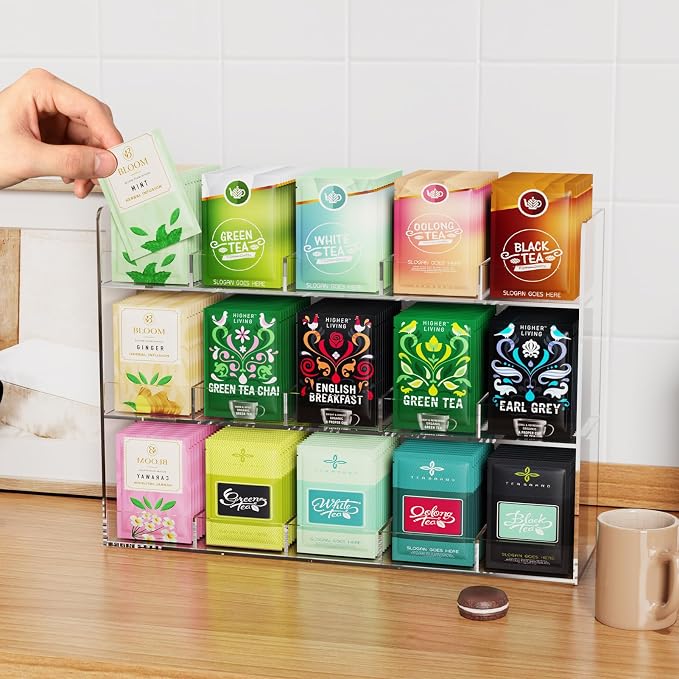 Acrylic Tea Bag Organizer, 3 Layers Tea Bag Holder for Tea Packets, Wall Mount Display Tea Caddy for Countertop or Cabinet, 15 Slots, Clear - Image 3