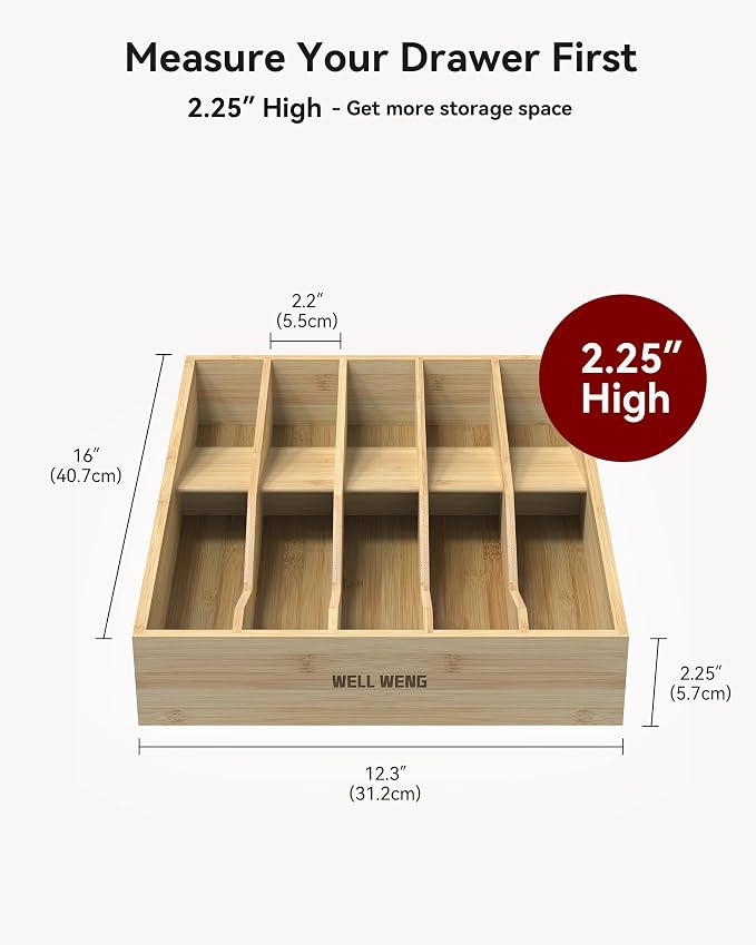 Utensil Drawer Organizer for Silverware,Bamboo 10 Slot | V-Groove & Anti-Slip Blocks, Vertical Storage,16" D x 12.3" W x 2.25" H, Cutlery Holder Dividers for Spoons Forks Knives - Image 2
