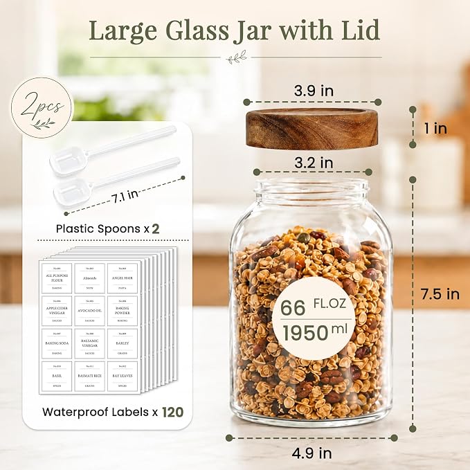 CONNOO 2Pcs-66oz Glass Storage Containers with Lids | Acacia Wood Lids, Keep Pantry Organized with Flour, Sugar, Coffee Beans, Pasta, Cereal & Dry Foods, Includes 120 Labels - Image 3