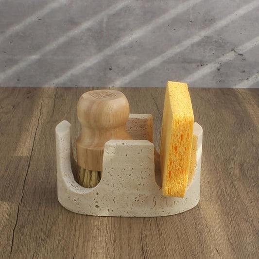 Natural Travertine Marble 2-Slot Sponge Holder for Kitchen Counter, 2-in-1 Stone Drying Rack, Sponge Caddy for Sink Organizer - Beige Travertine by Nawgnail