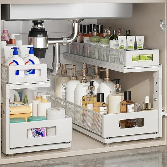 2 Pack 18.5IN-Depth Under Sink Organizer With Next-Gen Ball-Bearing Slides,2-Tier Pull Out Cabinet Storage,Height Adjustable Drawer Shelf for Bathroom,Kitchen,Laundry,Cabinet,Pantry-White by Corbyles