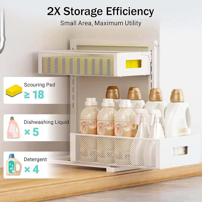 Petiza Under Sink Organizer Adjustable Height 2 Tier Bathroom Organizer Pull Out Cabinet Organer kitchen organizers and storage fridge organizers and storage,White,XL-1 Pack - Image 6