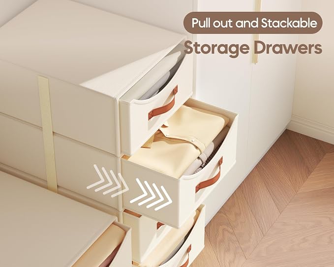 Stackable Storage Drawers - Collapsible Storage Bins with Drawers, 4 Pack Closet Shelf Organizer Basket, Fabric Pull Out Organizer for Bedroom, Living Room, Dorm, Beige - Image 5