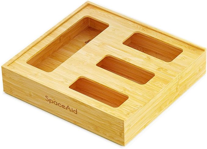 SpaceAid Bag Storage Organizer for Kitchen Drawer, Bamboo Organizer, Compatible with Gallon, Quart, Sandwich and Snack Variety Size Bag (1 Box 4 Slots, Natural, 2" High) by SpaceAid