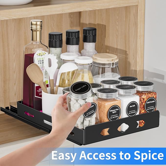 BOIVSHI Pull Out Spice Rack for Cabinet, 1 Tier, 8.4''Wx10.5''Dx2.8''H | Heavy Duty Metal Spice Rack Organizer for Pantry, Vertical Design Saves Space Inside the Cabinets, Black - Image 2
