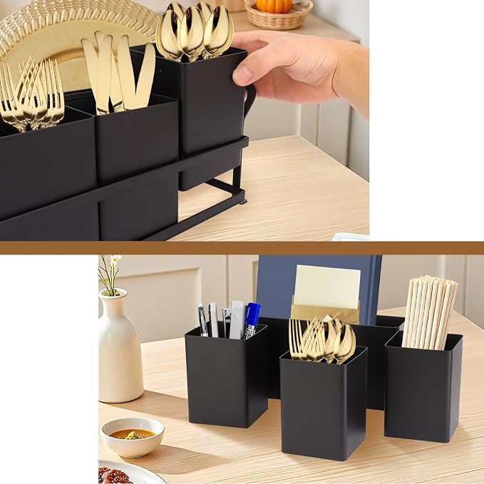 Silverware Caddy Metal Utensil Holder for Party Countertop Silverware Utensil Caddy Cutlery Flatware Organizer for Spoons Forks Plates Napkins Black - Image 4