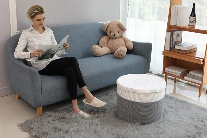 20x15 Inch Extra Large Round Cotton Rope Storage Basket with Lid, Decorative Woven Bin with Cover for Living Room Bedroom Closet, Grey - Image 3
