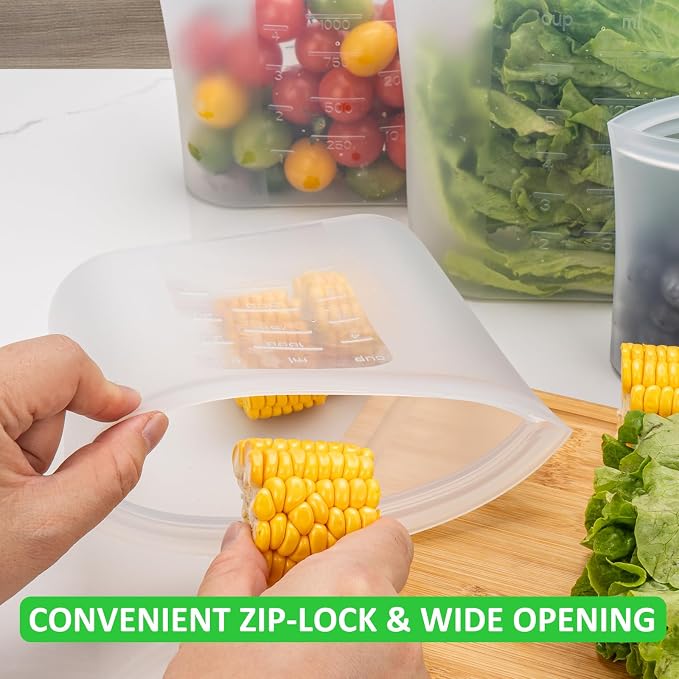 100% Platinum Silicone Reusable Food Storage Bags, 4 Pack, 17fl.oz/500ml | Premium Silicone Reusable Storage Bag, Stand-Up Wide-Mouth Ziplock, X-Small Size, Freezer Microwave Dishwasher Safe, Clear - Image 4