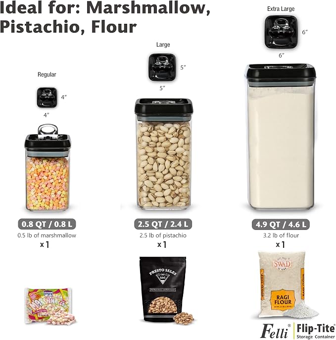 Felli Flip Tite Acrylic Food Storage Container with Lid 6” XL Air Tight Ring Seal Flip Lock, Plastic Kitchen Baking Canister for 5 lb Flour Sugar Rice Protein Powder Pantry Organizer (Nest-L Black) - Image 4