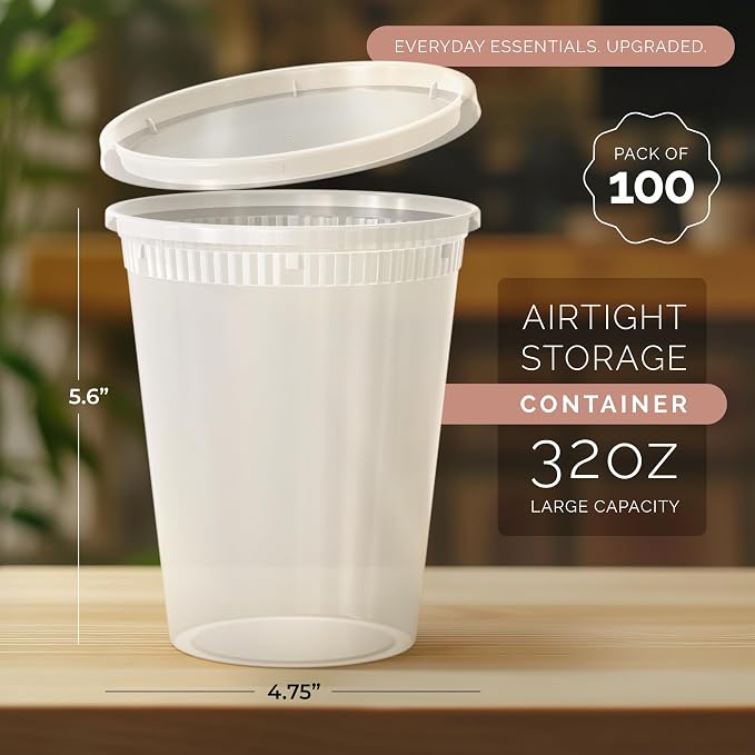 100 PACK (200 SETS) of 32 oz. Plastic Food Containers with Lids | Airtight, Microwave, Dishwasher, & Freezer Safe | Meal Prep, Disposable, Takeout Deli Soup Slime Round Food Storage Box - Image 2