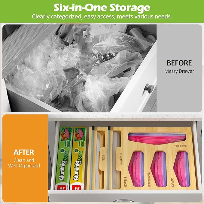 6 in 1 Bag Organizer and Wrap Dispenser with Magnetic Lid - Plastic Wrap Dispenser with Cutter for Kitchen Drawer, Storage for Gallon, Quart, Sandwich, Snack Bags, and Foil Beige - Image 4