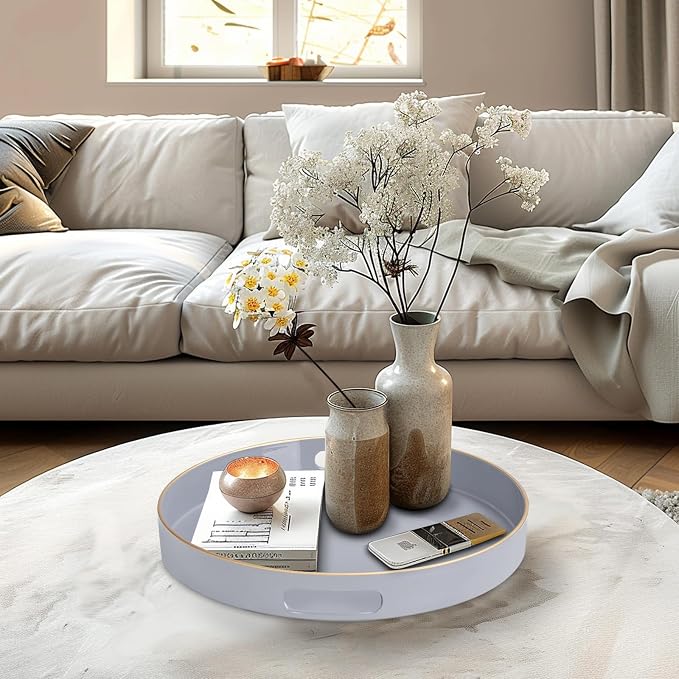 13" Gray Decorative Tray, Plastic Round Serving Tray with Handles | Grey Decorative Tray for Coffee Table, Modern Ottoman Tray, Circle Tea Tray, Round Melamine Tray for Living Room, Bathroom - Image 6