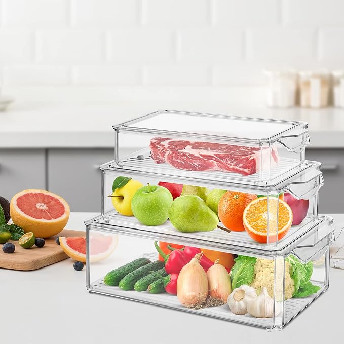 Fridge Organisers Bins Set of 3, Stackable Clear Fridge Storage Containers with Lids, Plastic Refrigerator Storage Box for Kitchen Pantry Freezer Cupboards - Image 8