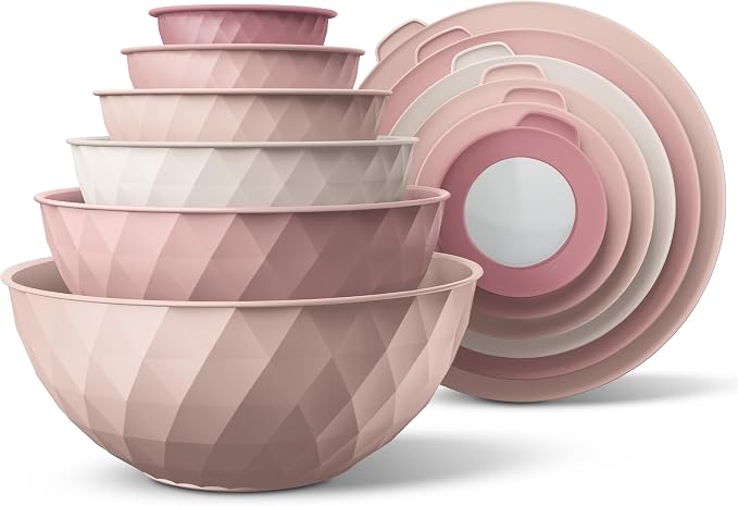 COOK WITH COLOR Mixing Bowls with Lids - 12 Piece Plastic Nesting Bowls Set includes 6 Prep Bowls and 6 Lids, Microwave Safe Mixing Bowl Set, Pink Diamond by CookwithColor