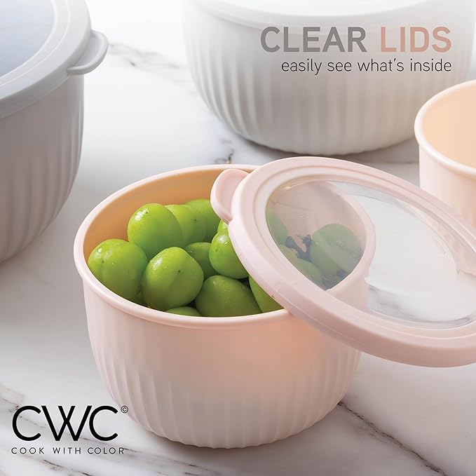 COOK WITH COLOR Prep Bowls with Lids- Wide and Deep Nesting Plastic Small Mixing Bowl Set with Lids, 8 Piece Set - Deep Bowls, Grey/Pink - Image 3