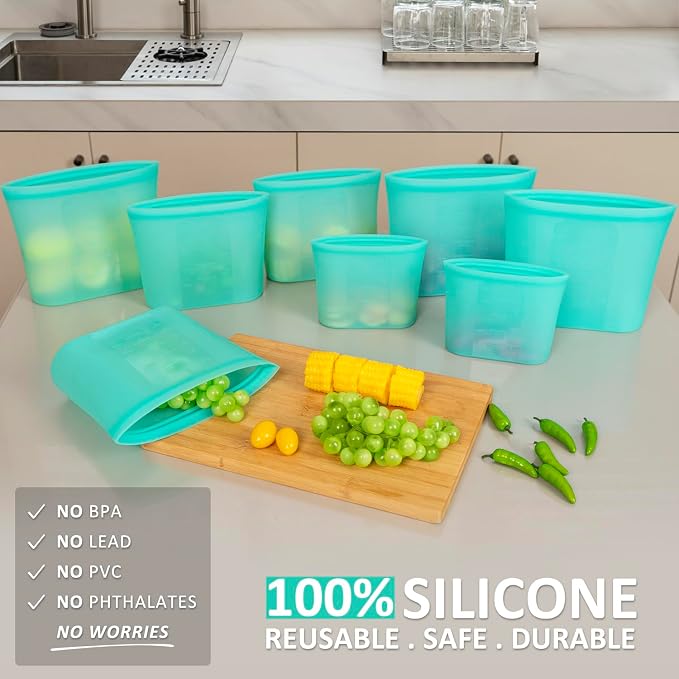 Reusable Food Bags, 8 Pack 100% Silicone Food Storage Bags Stand Up Zip Lock Container, Freezer Microwave Oven Dishwasher Safe, 4 Medium 2 Small 2 Extra Small, Aqua - Image 2