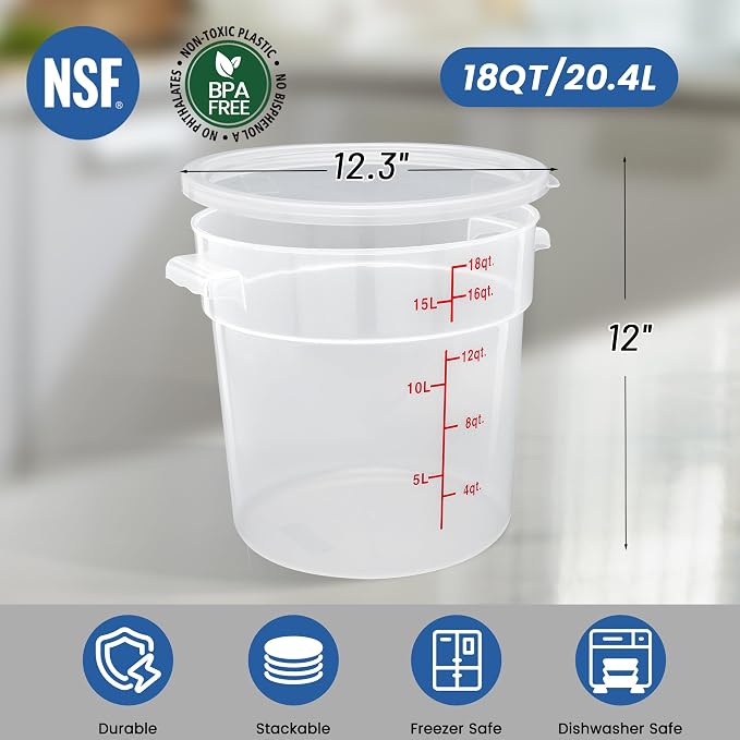 4 Pack 18QT Round Food Storage Containers with Lids | NSF, BPA-free PP containers with scale, label and measuring cup, stackable for prep, storage, freezer. Dishwasher safe - Image 2