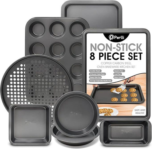 Non-Stick 8-Piece Bakeware Set – Carbon Steel with Even Heat Distribution, Oven Safe to 446°F, BPA-Free, Dishwasher Safe, Stackable Baking Tools for Easy Storage and Everyday Cooking - Gray by PERLLI