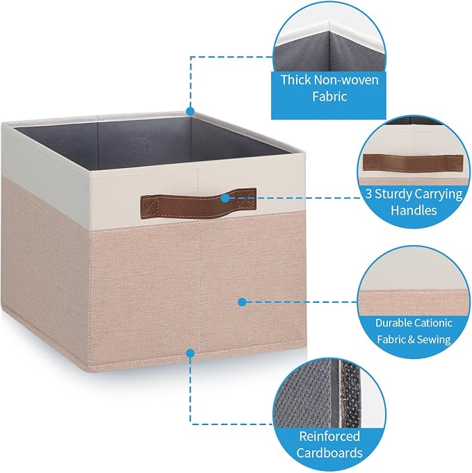 GhvyenntteS Large Fabric Storage Bins with Handles, 15x11x9.6 Inch Storage Baskets for Shelves, Foldable Closet Storage Bins for Shelves, Closet Organizers and Storage Boxes, Beige Yellow&White - Image 3