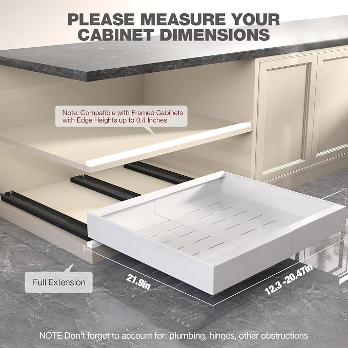 Seinloes 2 Pack Pull Out Cabinet Organizer 22" Deep,Full Extension 3 Slide Rails Slide Out Drawers With Raising Pad for Framed Cabinets,Expandable Width (12.3"-20.5"),No Drill Roll Out shelf,White - Image 2