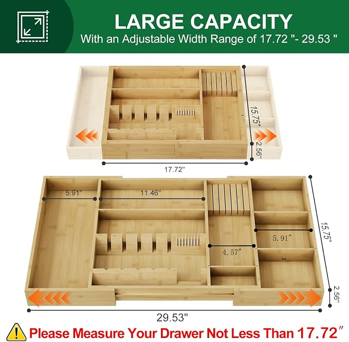 Bamboo Silverware Drawer Organizer, 17.72-29.53 Inch Expandable Large Kitchen Drawer Organizer, 5-8 Slot Flatware with Removable Card Slots & Knife Block for Spoon Butter Knive, Natural - Image 2