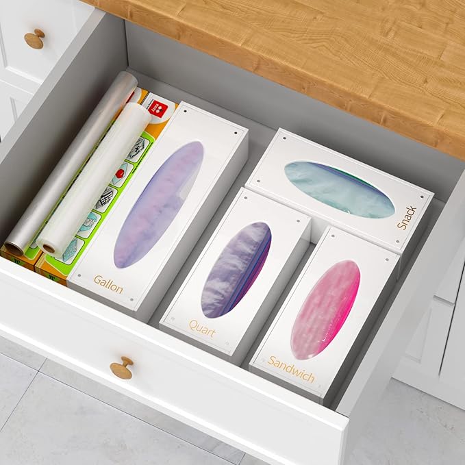 FEMELI Food Bag Storage Organizer Acrylic Kitchen Drawer Baggie Box White | 4 Separate Pack Compatible with Gallon, Slider Quart, Freezer, Sandwich, Snack, Variety Size Bags - Image 5